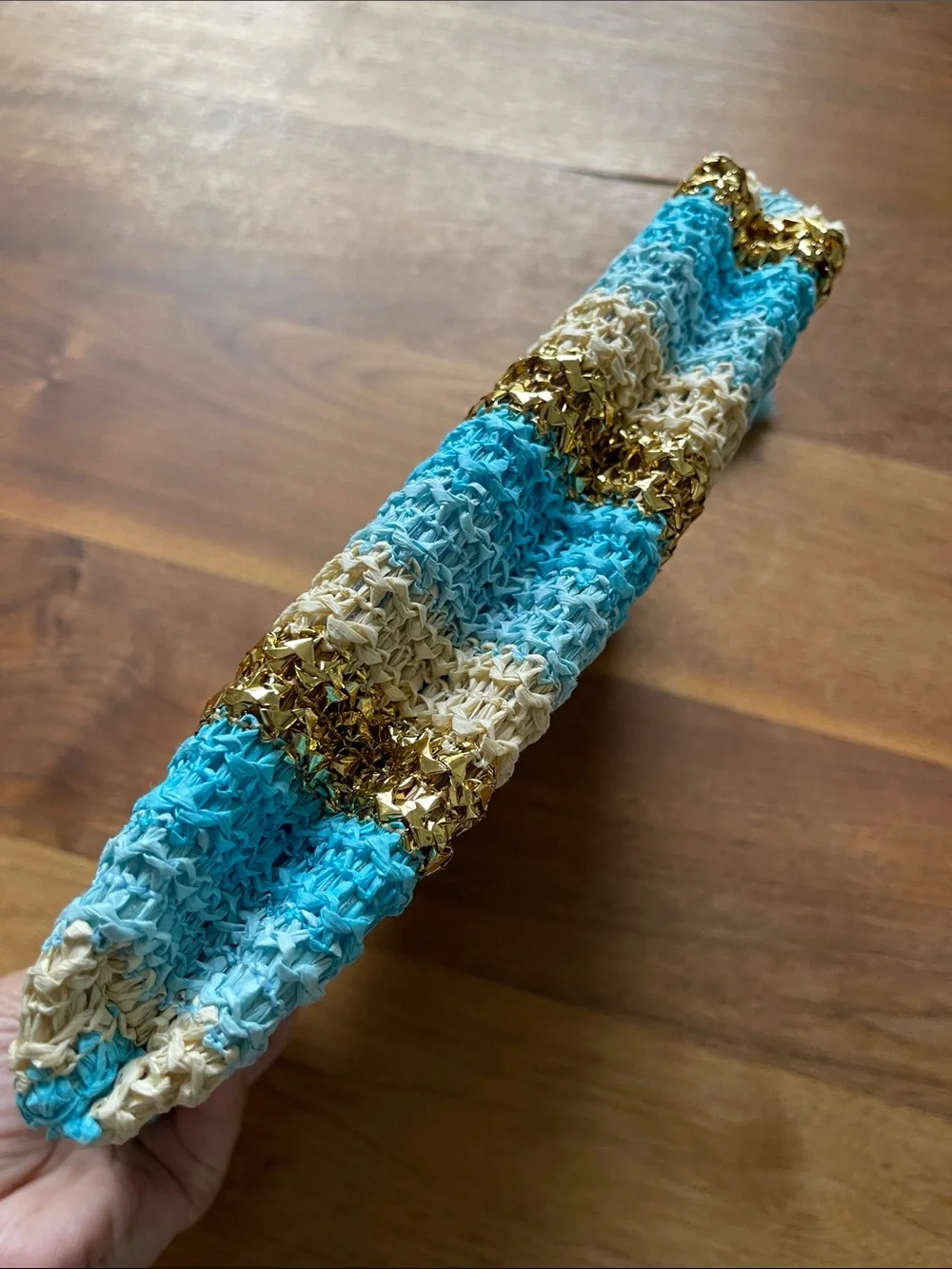 Shiraleah Chicago Striped Crochet straw Tassel Clutch - Aqua, Gold & Cream